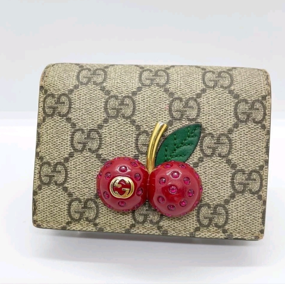 Gucci Bi-fold Wallet GG Supreme Cherry Brown Leather - Picture 1 of 7